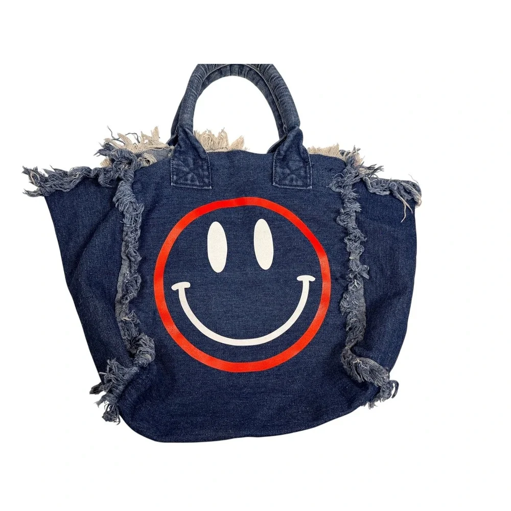 Vintage Hipchik Couture hobo chic Denim Smiley Face Tote Distressed Fringe bag